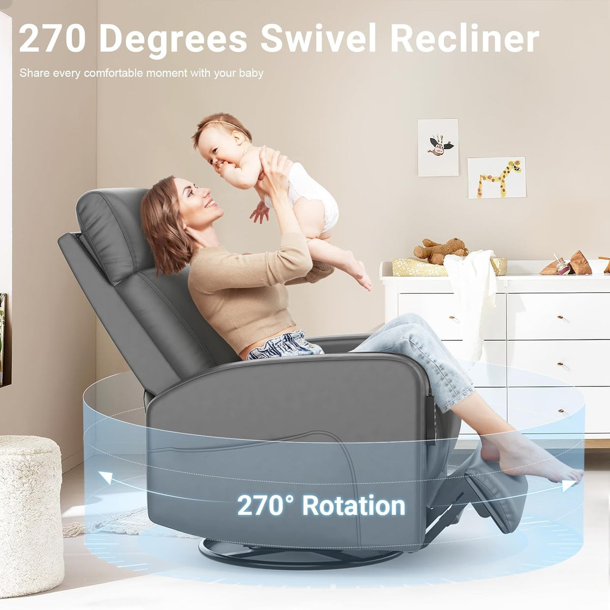 Grey PU Leather Power Recliner Swivel Glider Chair with USB & Type C Ports D2653