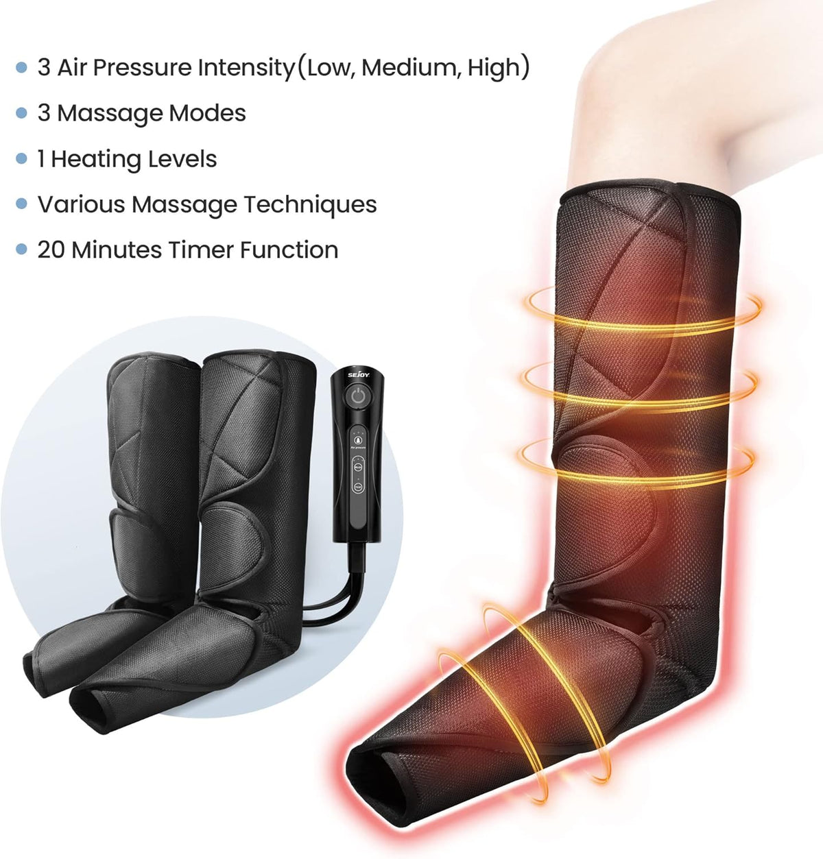 Leg Massager with Air Compression and Heat, Foot and Calf Massage Machine with Hand-held Controller E973954