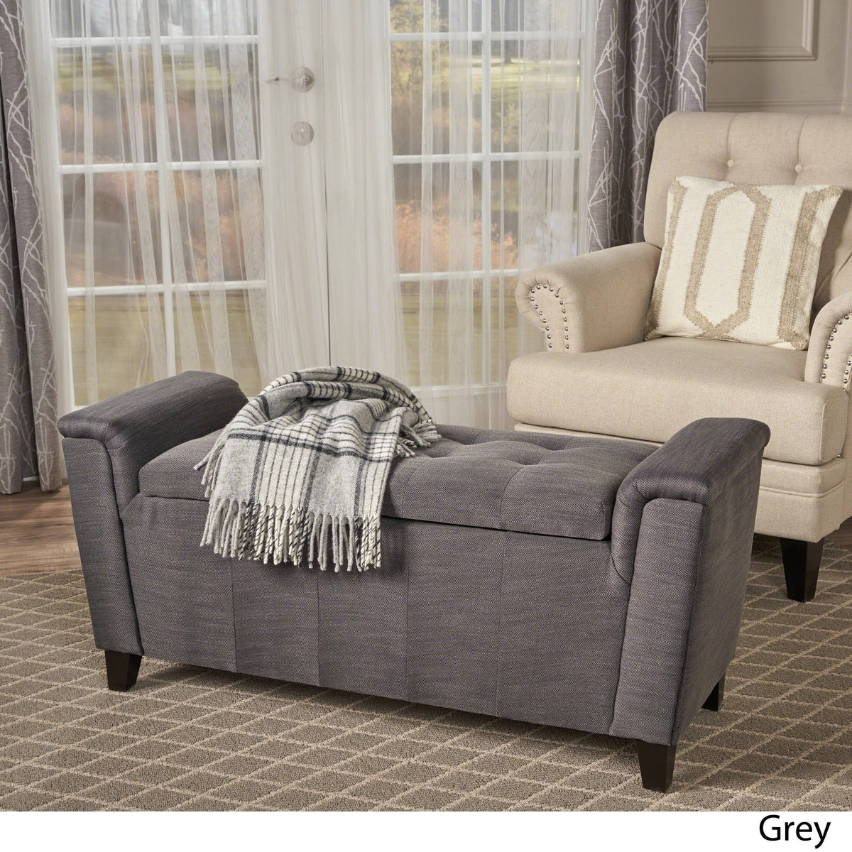 Tufted Fabric Armed Storage Ottoman Bench H514779