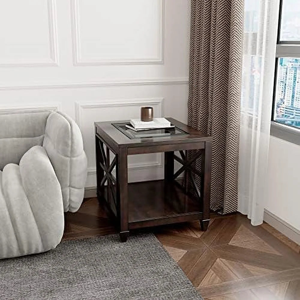 Rustic Brown End Table with Tempered Glass R582