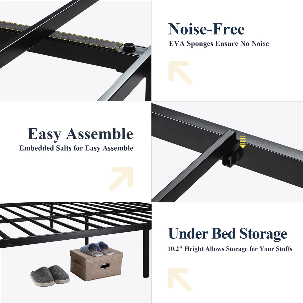 Queen Size Metal Platform Bed Frame with Wooden Headboard Footboard H7338