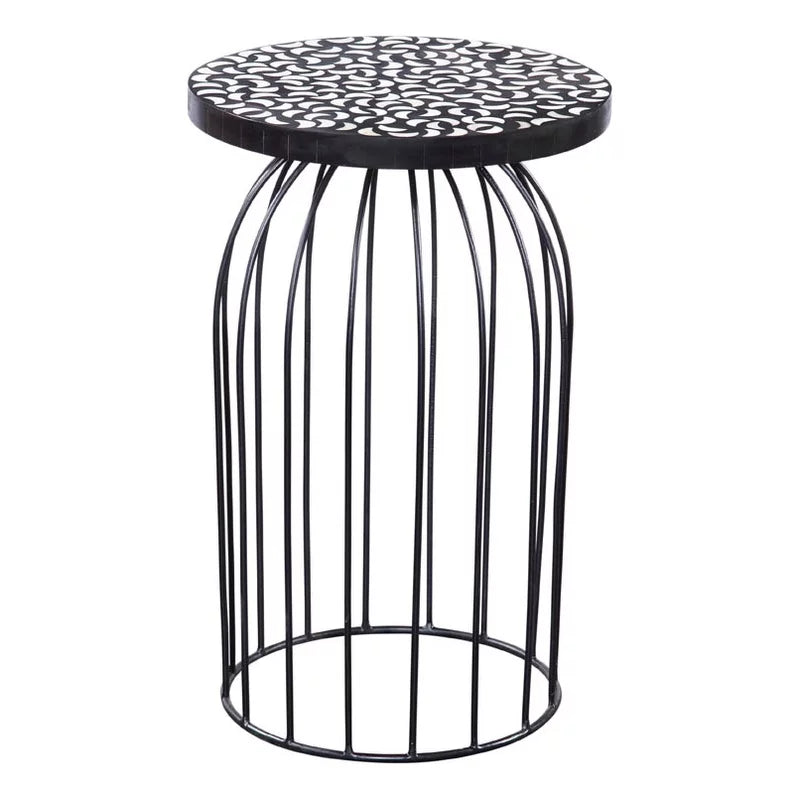 Black Metal Accent Table with Bone Inlay Top O5741