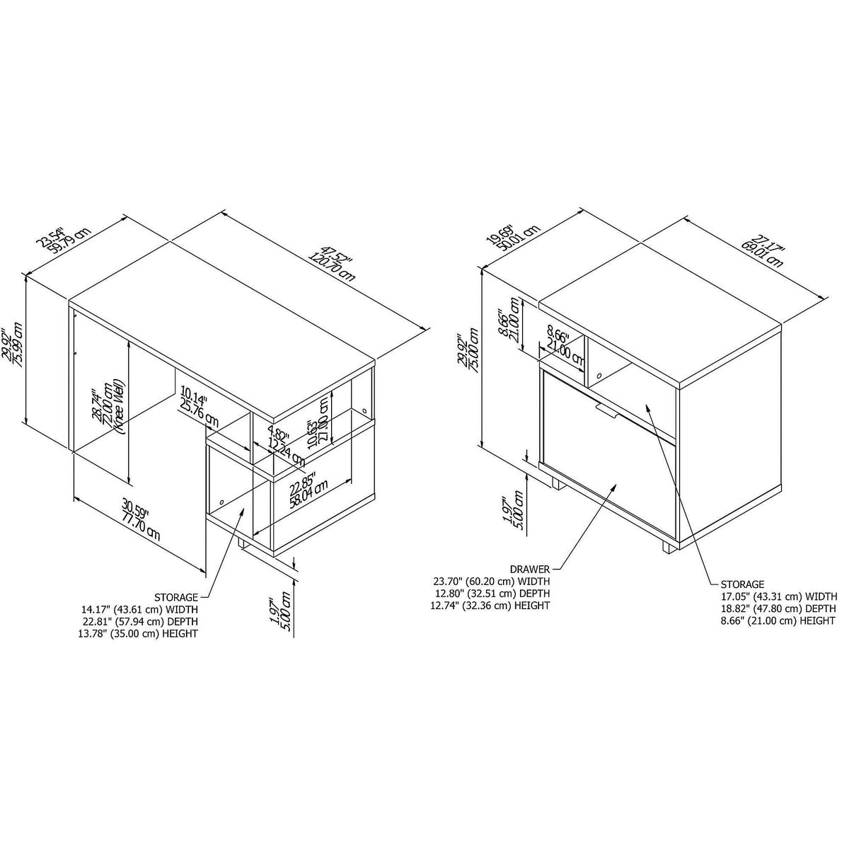 48W Writing Desk with Lateral File Cabinet Pure White X7953
