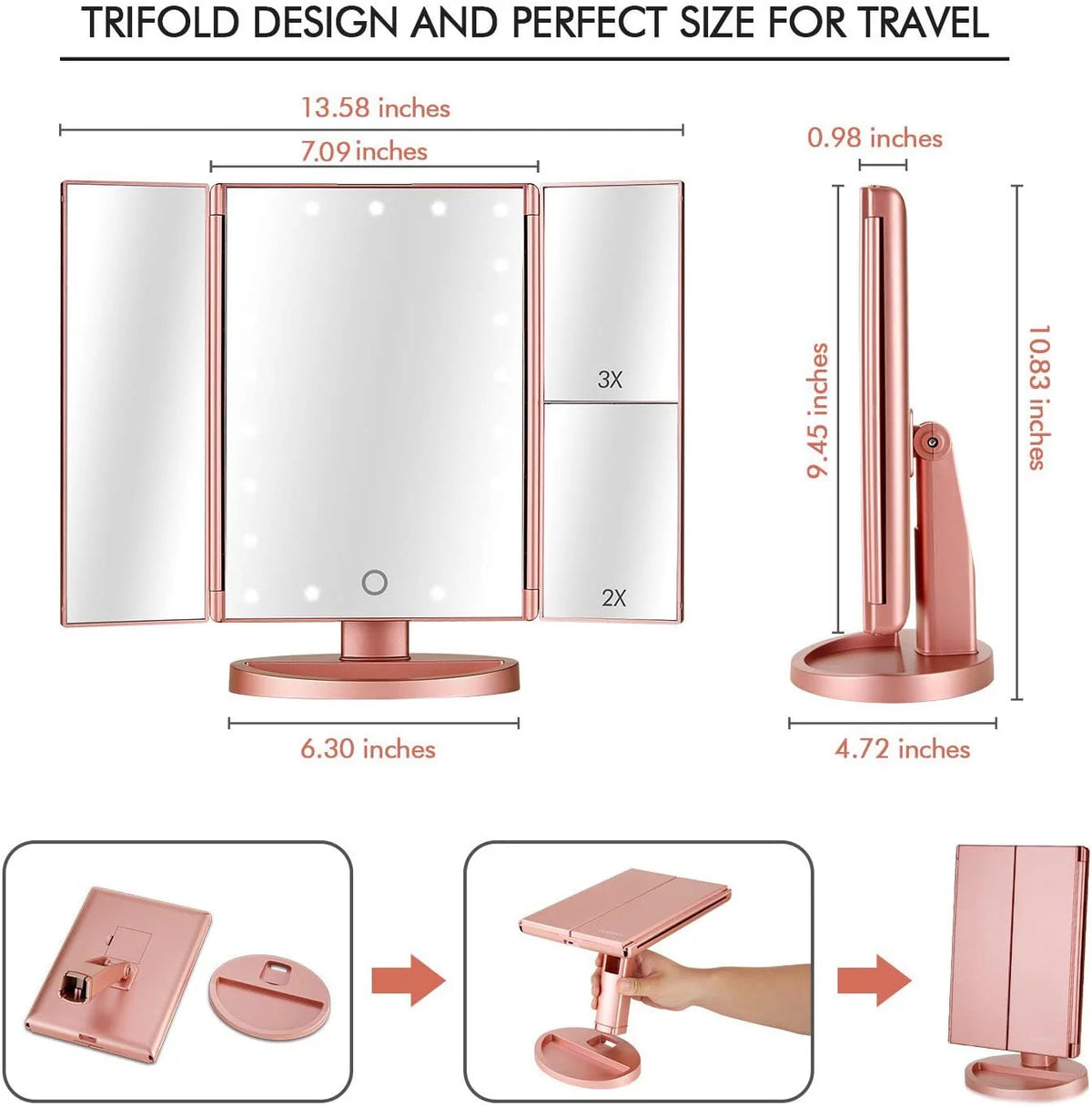 Tri-fold Lighted Vanity Makeup Mirror with 3x/2x Magnification K460554