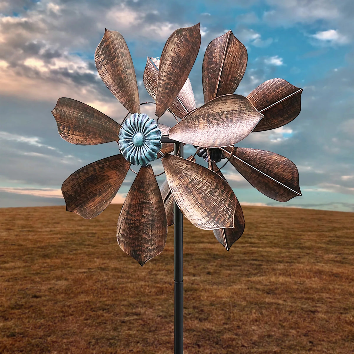 60 inch Metal Wind Spinner with Bronze Leaves and Blue Flower Core C5456