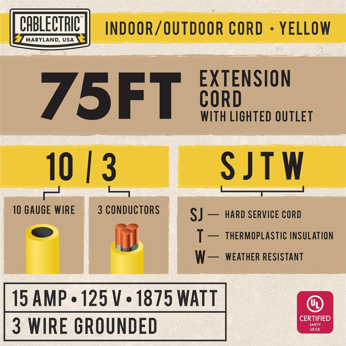 75 Ft 10 Gauge Yellow Heavy Duty Extension Cord Z493