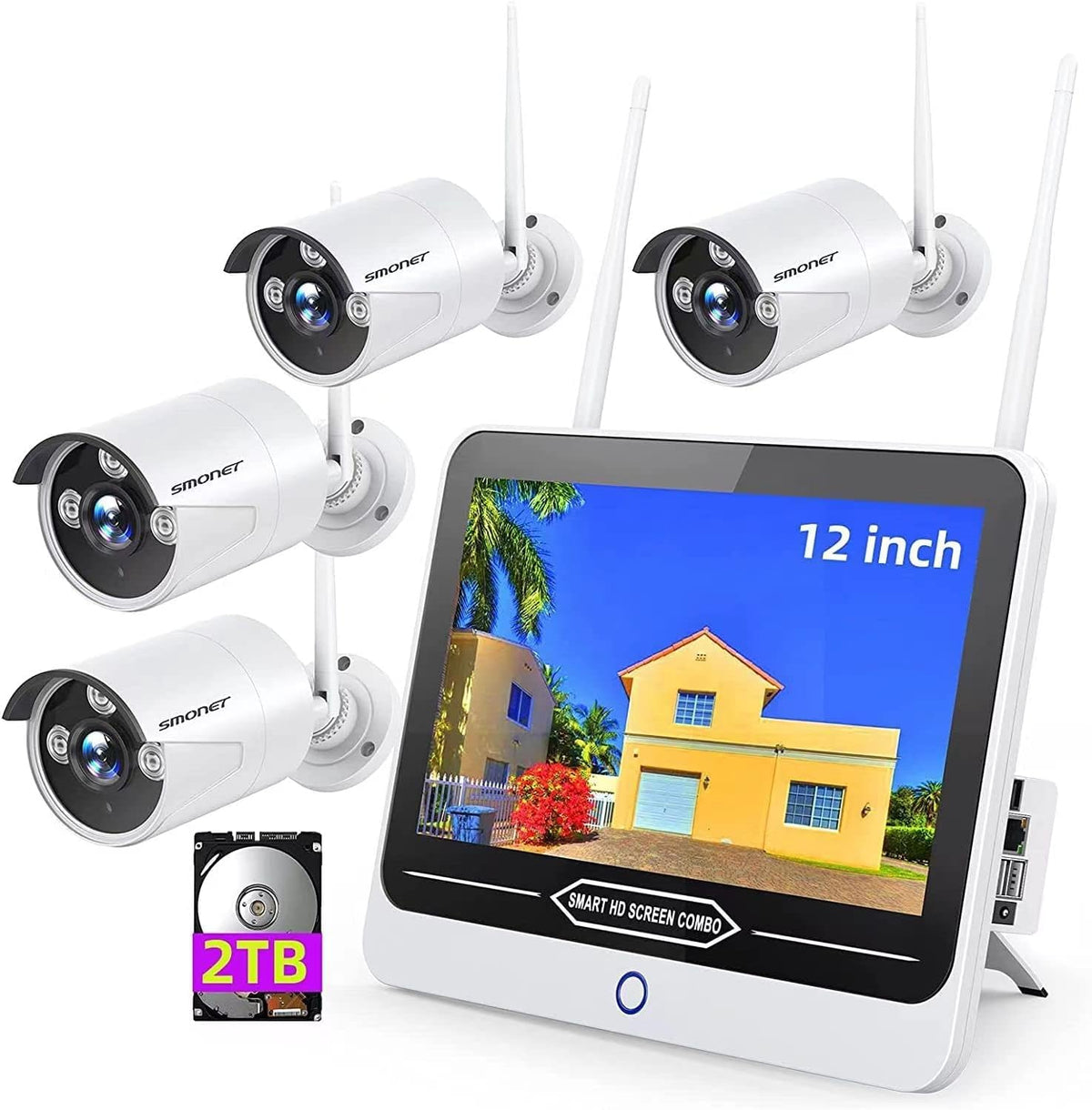 8 Channel 1080P Wireless Security Camera System with 12" Monitor 2TB Hard Drive 4pcs Indoor Outdoor IP Cameras Night Vision I972