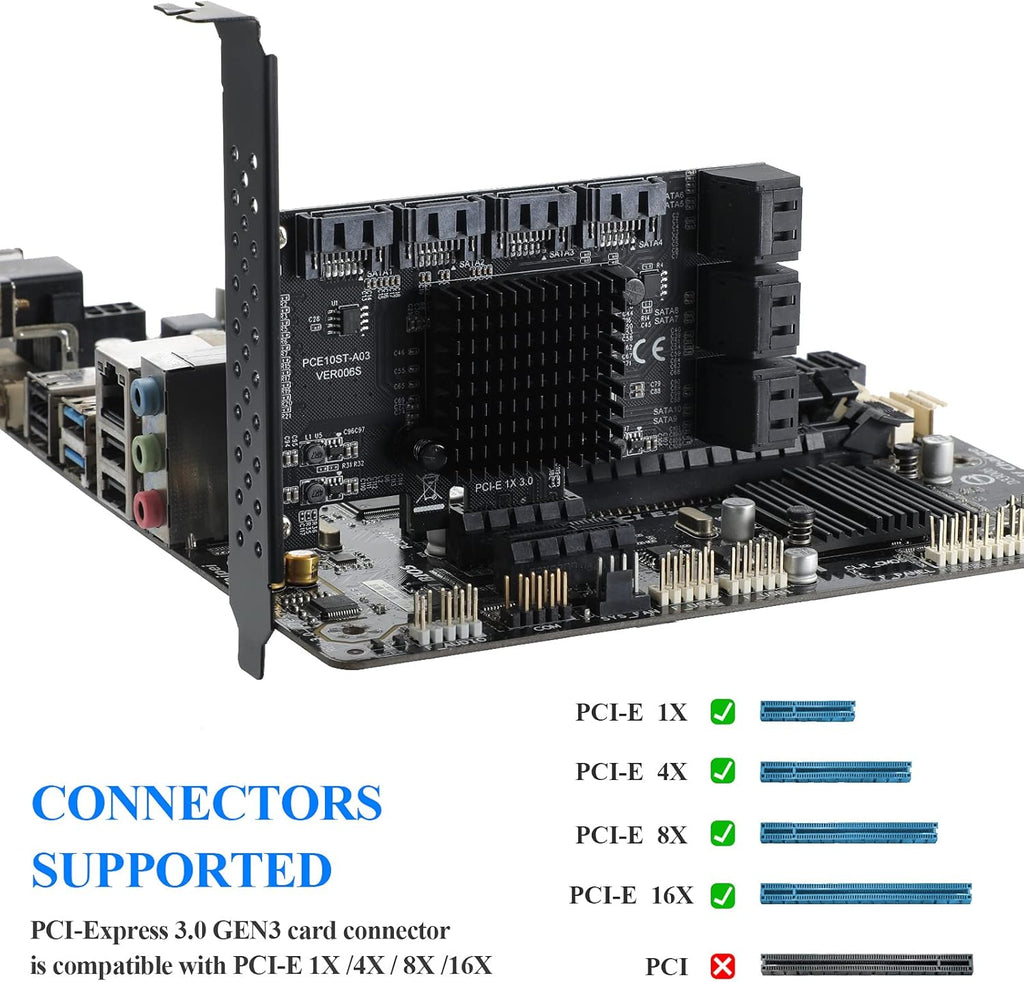 PCIE 1X 10 Ports 6 Gbps SATA 3.0 Expansion Card with Low Profile Bracket and 10 SATA Cables K408