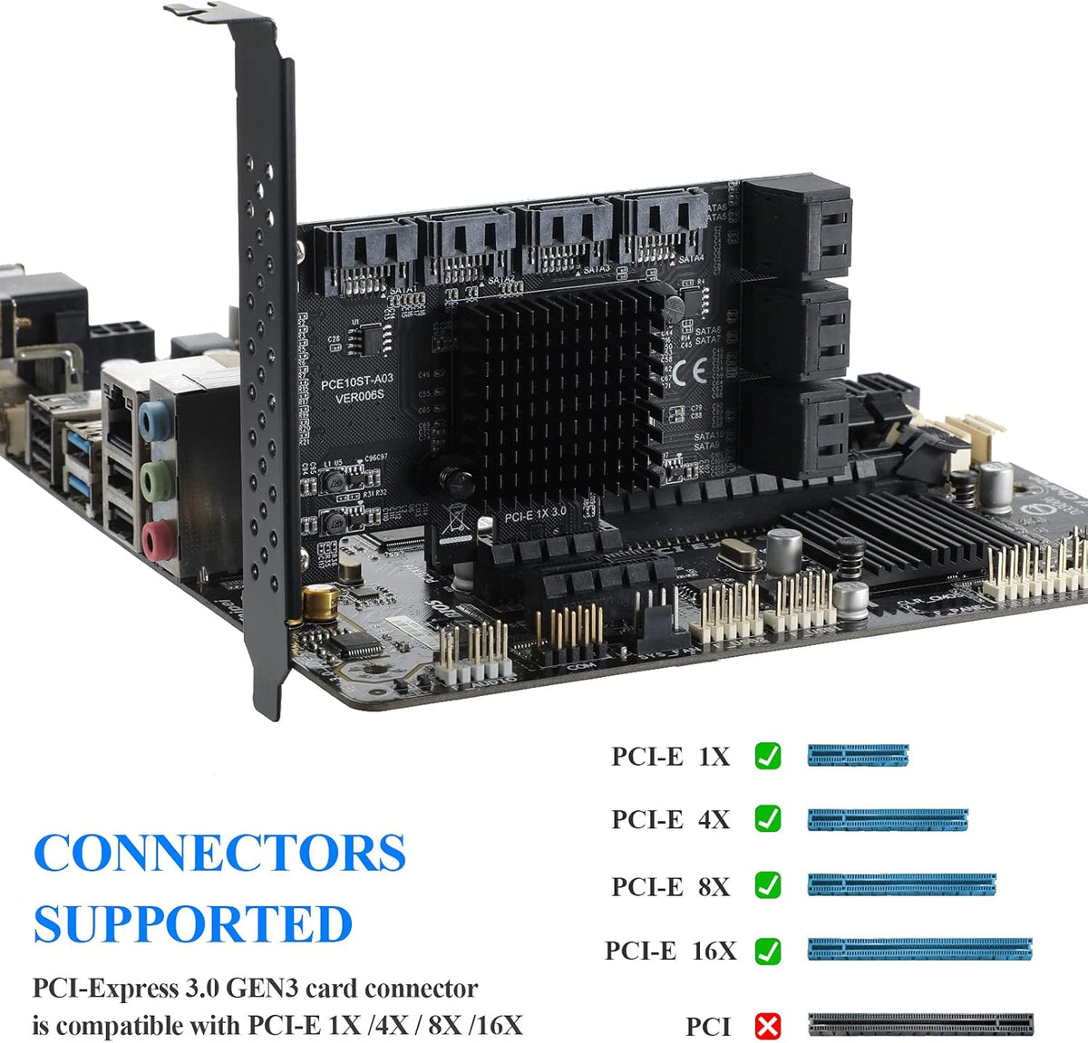PCIE 1X 10 Ports 6 Gbps SATA 3.0 Expansion Card with Low Profile Bracket and 10 SATA Cables K408
