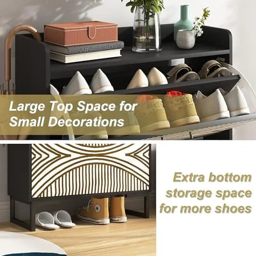 White Slim Shoe Cabinet with 3 Flip Drawers H82595