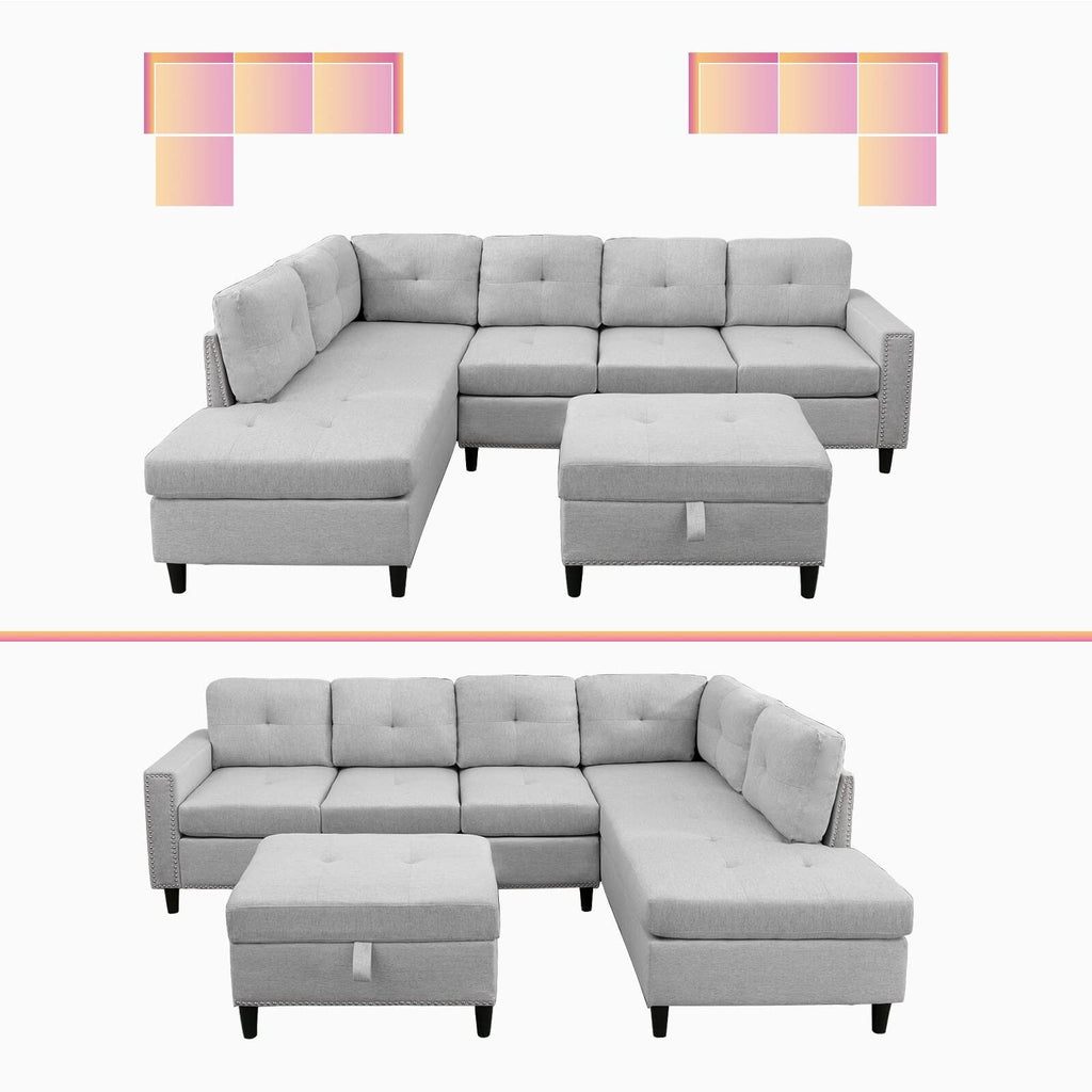 Light Grey L-Shaped Sectional Sofa with 2 Cup Holders and Storage Ottoman P274