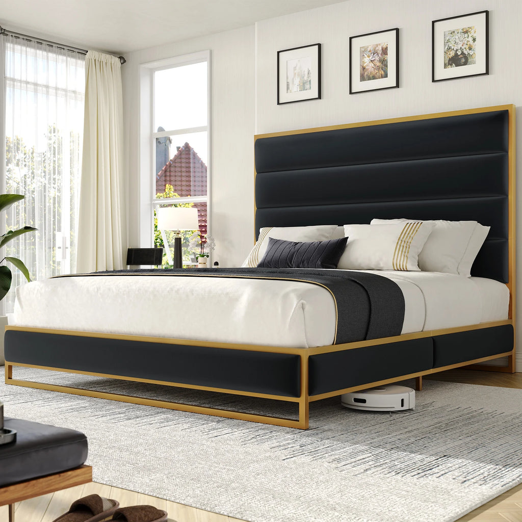Queen Size Black Velvet Upholstered Platform Bed L704769