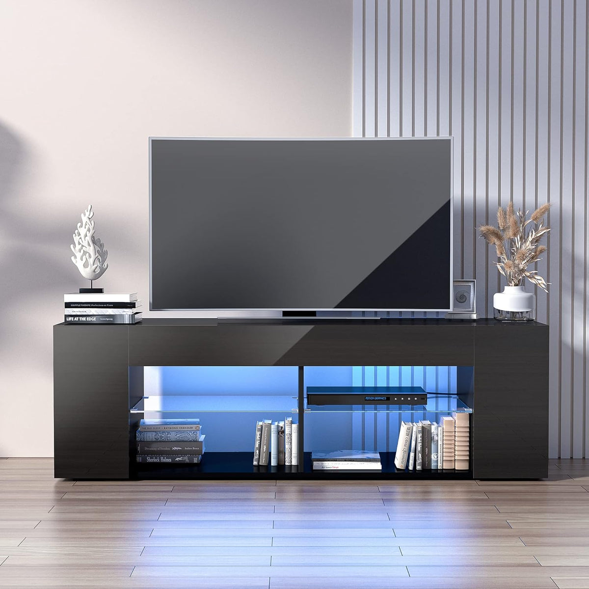 Black TV Stand with High Gloss LED Storage M43573