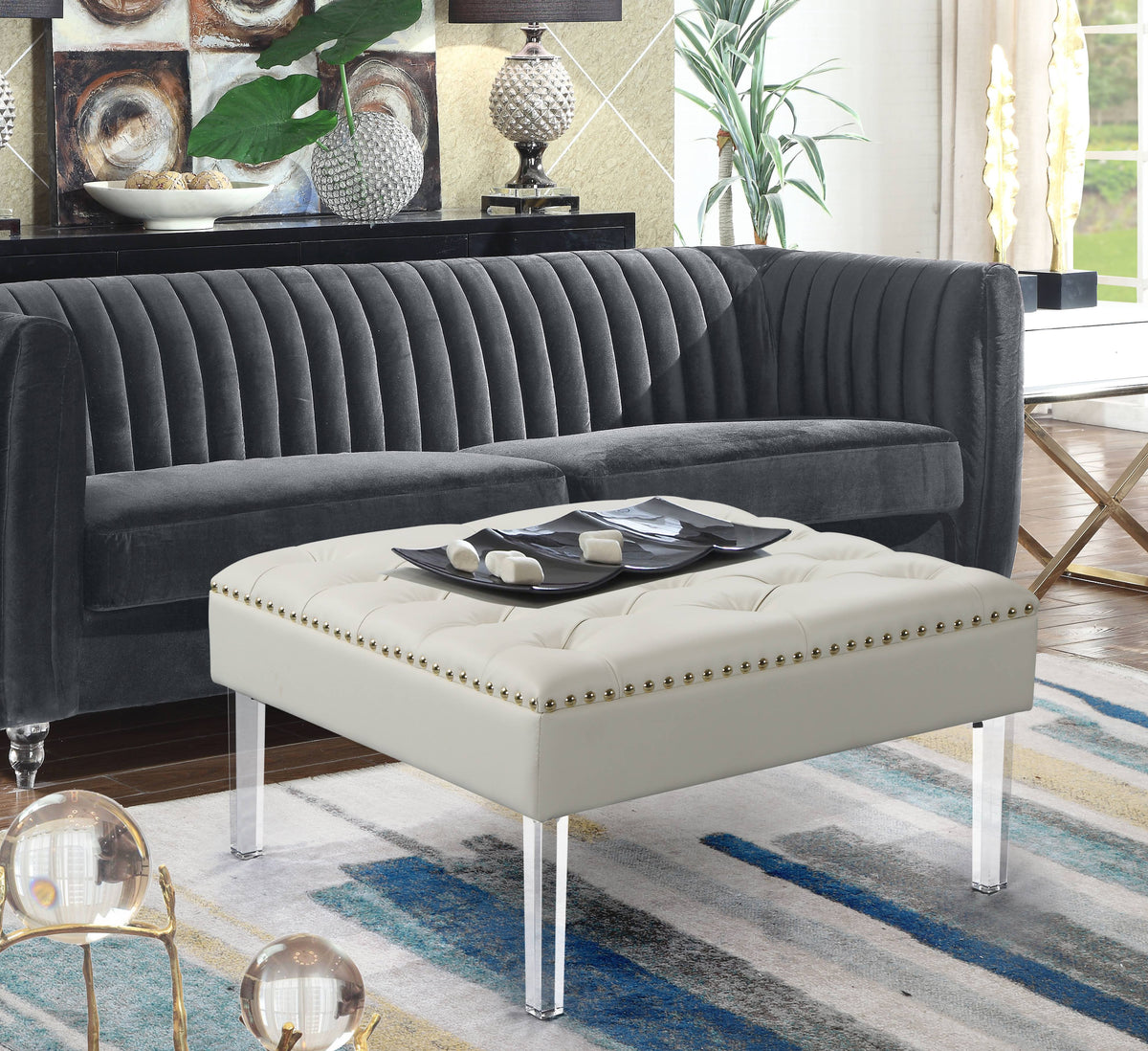 White PU Button Tufted Square Ottoman H1307
