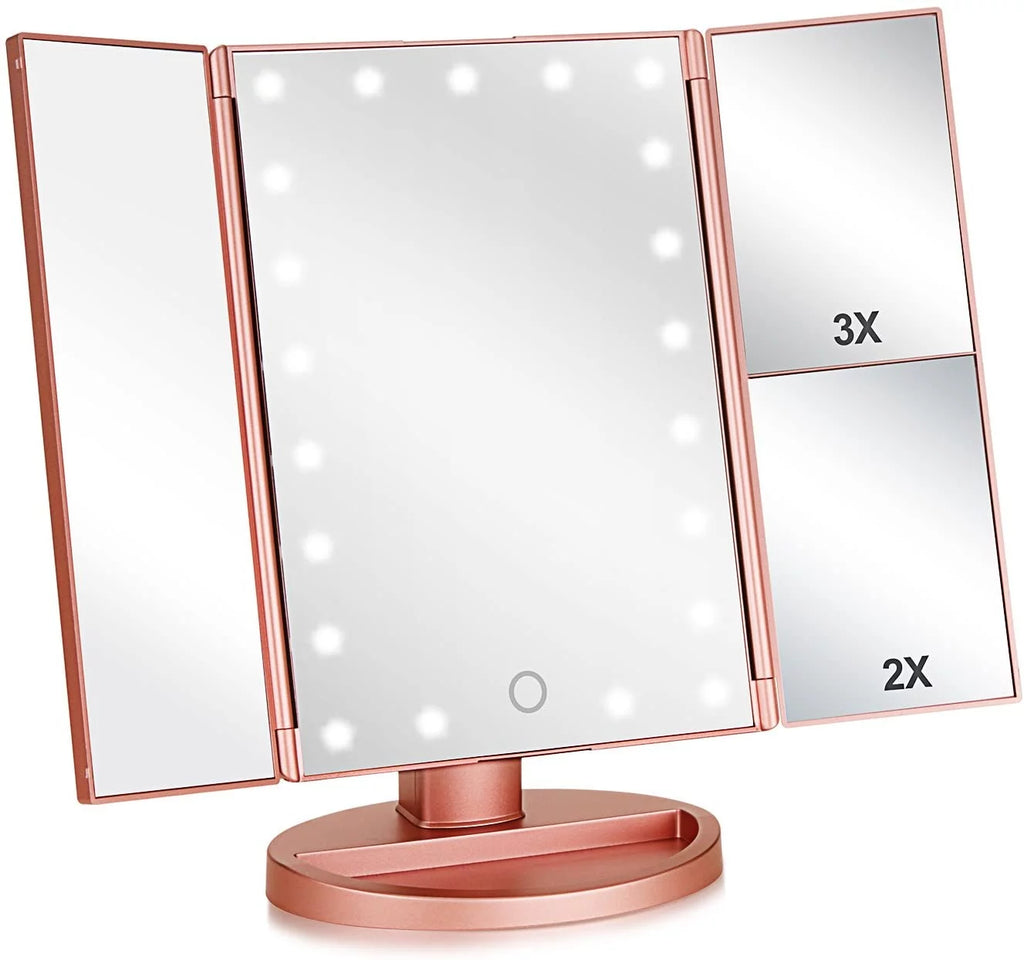 Tri-fold Lighted Vanity Makeup Mirror with 3x/2x Magnification K460554