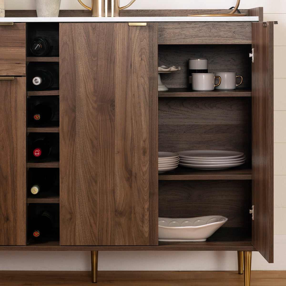 Natural Walnut and Faux Carrara Marble Buffet with Storage Y96993