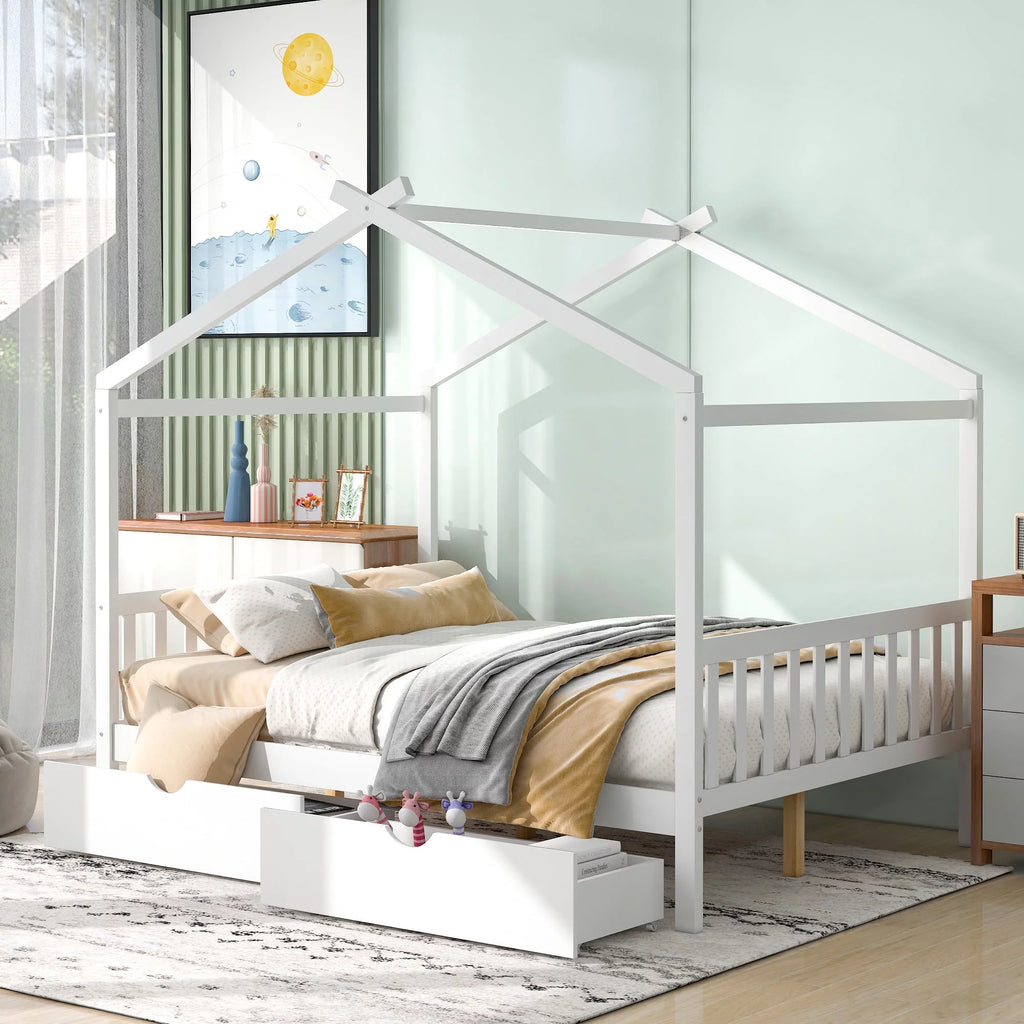 White Full Size Platform Bed with Two Drawers C995