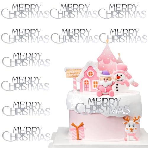 10Pcs Christmas Cake Toppers Acrylic Mirror Gold Silver C778