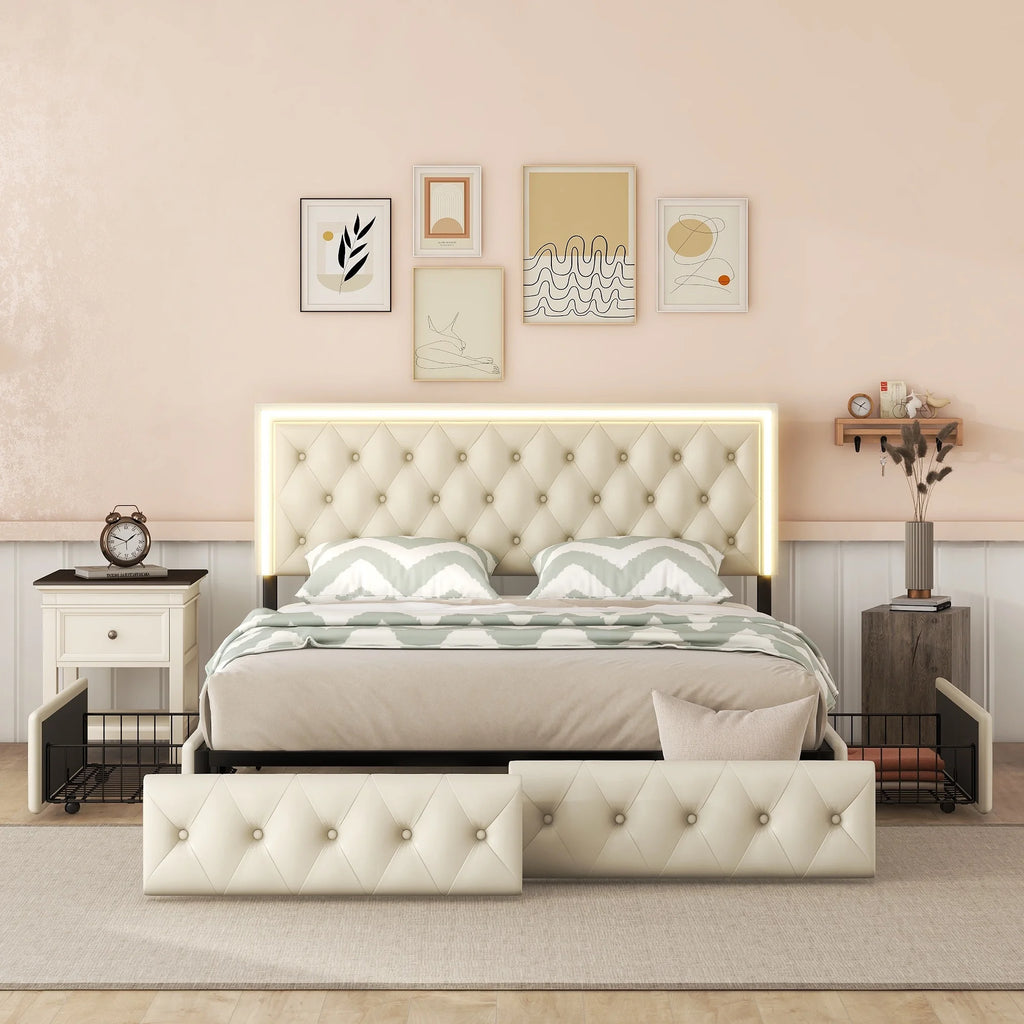 Queen Upholstered Bed Frame with 4 Storage Drawers O2974