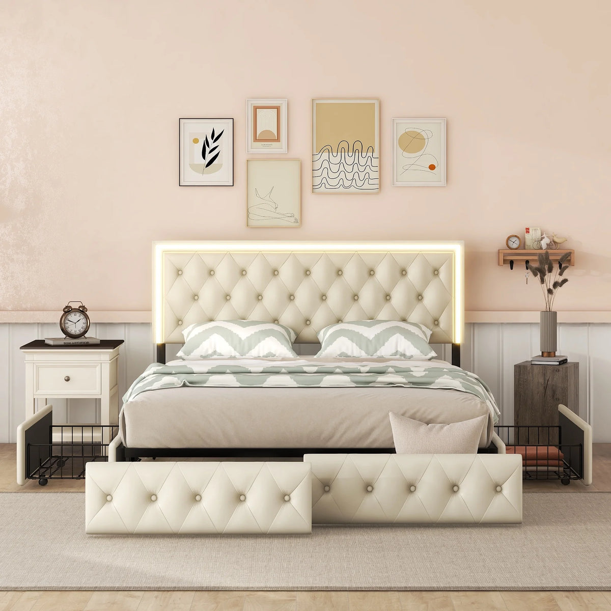 Queen Upholstered Bed Frame with 4 Storage Drawers O2974