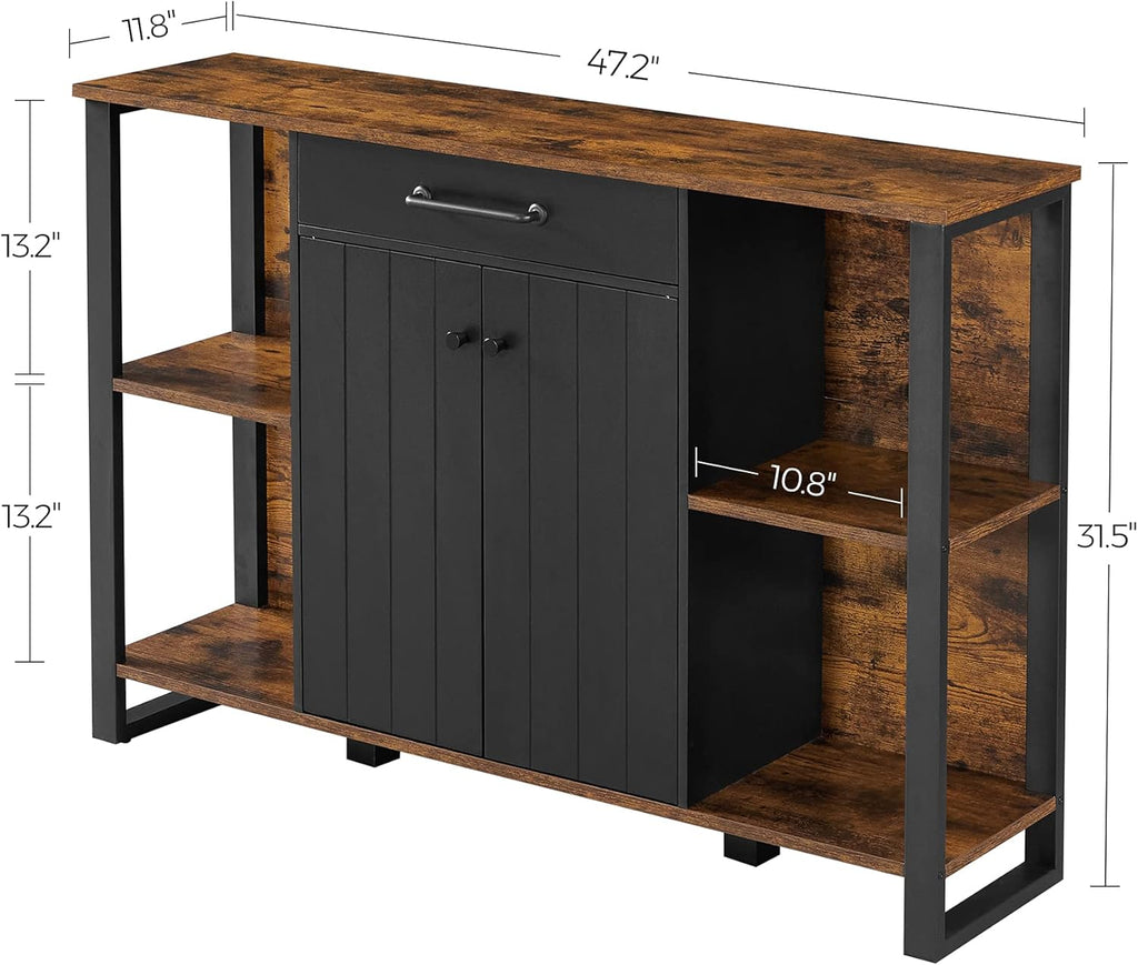 Rustic Brown and Black Steel Frame Buffet Cabinet with Drawer and Shelves A1748