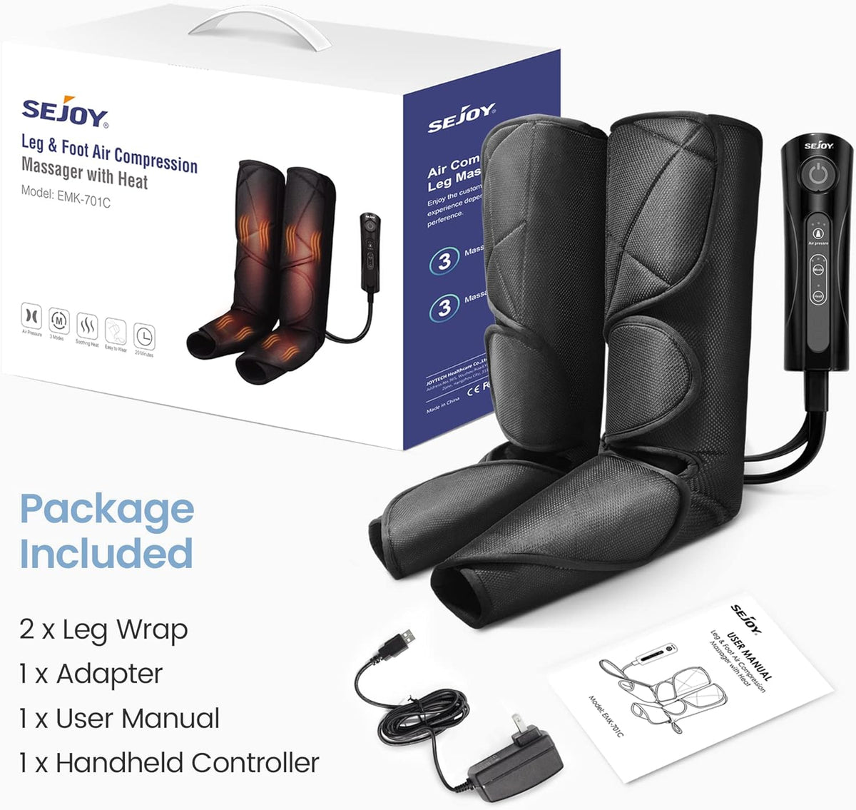 Leg Massager with Air Compression and Heat, Foot and Calf Massage Machine with Hand-held Controller E973954