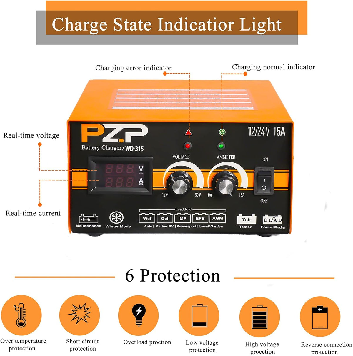 15-Amp Automotive Car Battery Charger and Maintainer H94141
