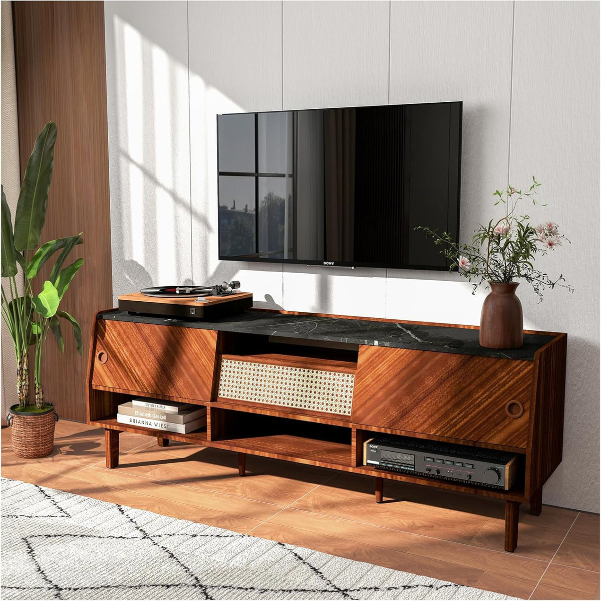 Walnut 67 inch TV Stand with Rattan Drawer O783295