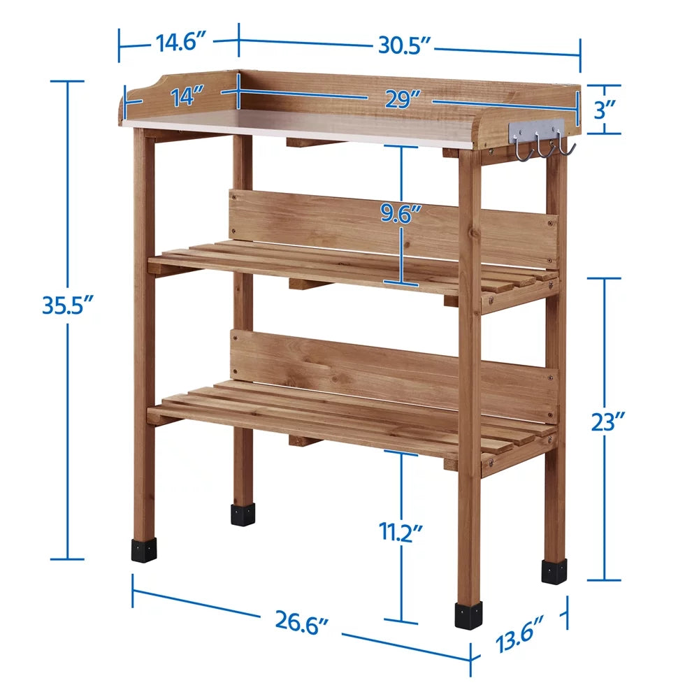 Brown Outdoor Potting Bench Table with Storage Shelf U472046