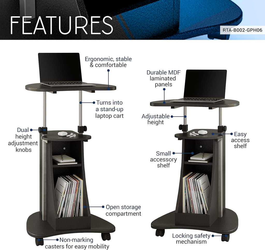 Graphite Sit-to-Stand Rolling Laptop Cart with Storage J7908