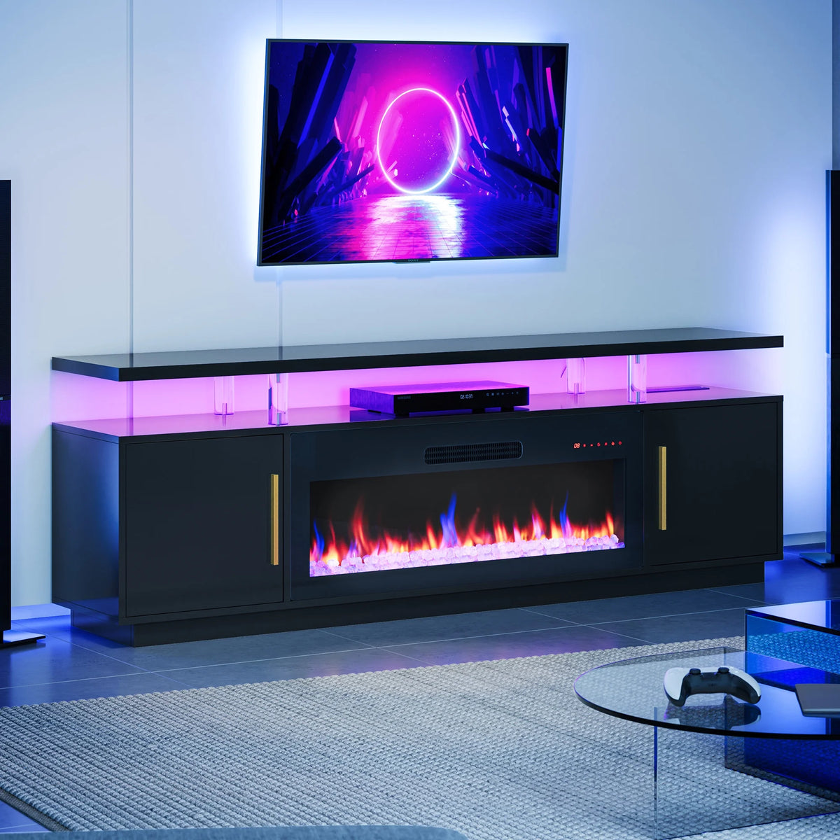 79" TV Stand with Electric Fireplace and Storage Cabinet E948