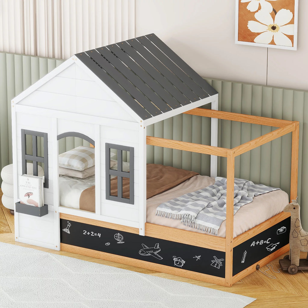 Twin Size House Shaped Canopy Bed with Black Roof and White Window I76958