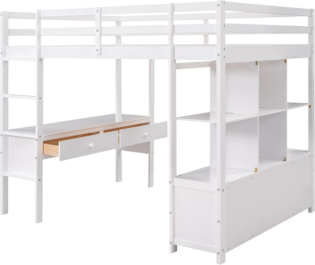 White Full Size Loft Bed with Built-in Desk, 2 Drawers and Storage Shelves I18838