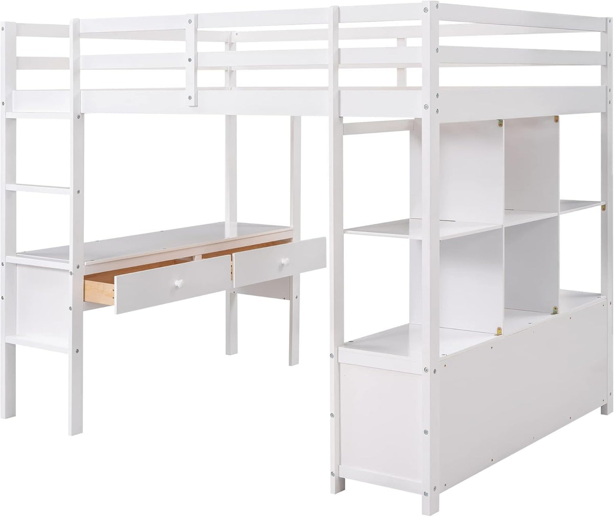 White Full Size Loft Bed with Built-in Desk, 2 Drawers and Storage Shelves I18838