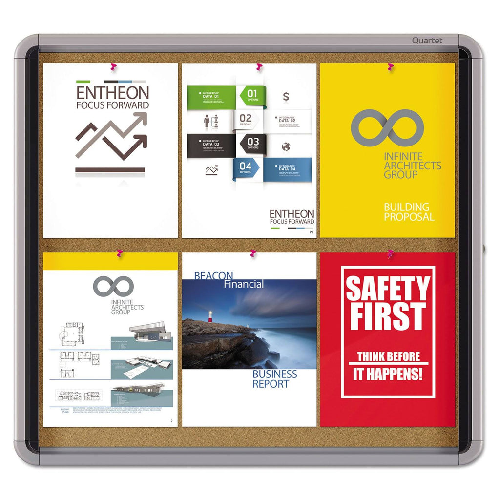 Enclosed Cork Bulletin Board with Swing Door, 30 x 27, Silver Aluminum Frame O406