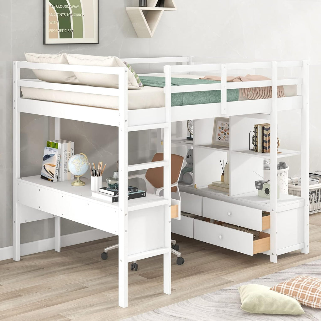 White Full Size Loft Bed with Built-in Desk, 2 Drawers and Storage Shelves I18838