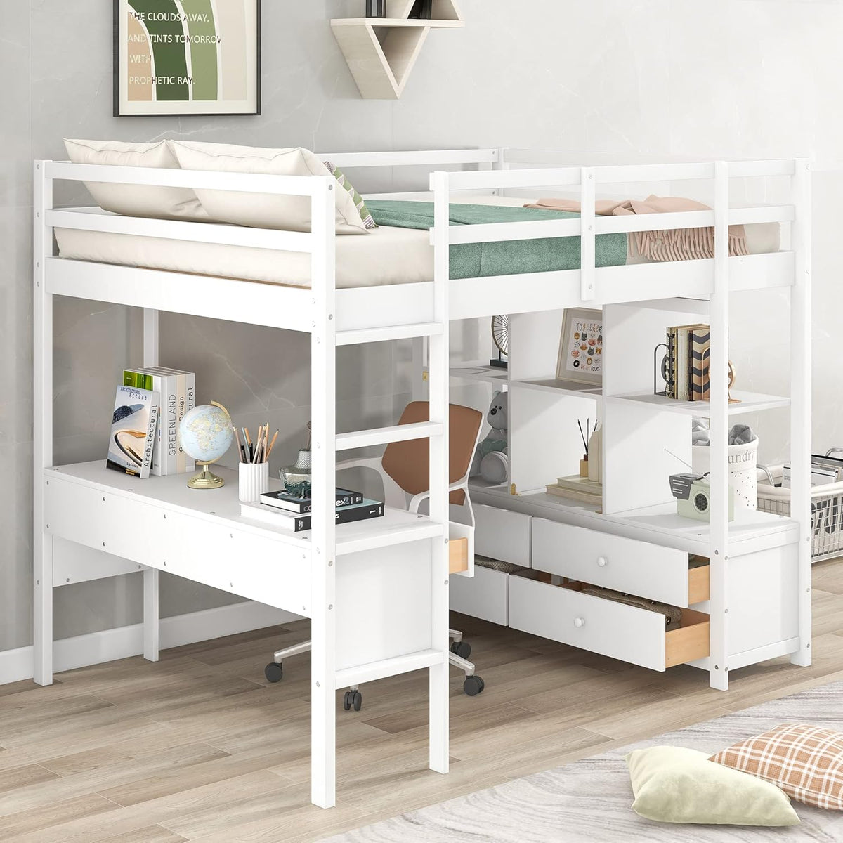 White Full Size Loft Bed with Built-in Desk, 2 Drawers and Storage Shelves I18838