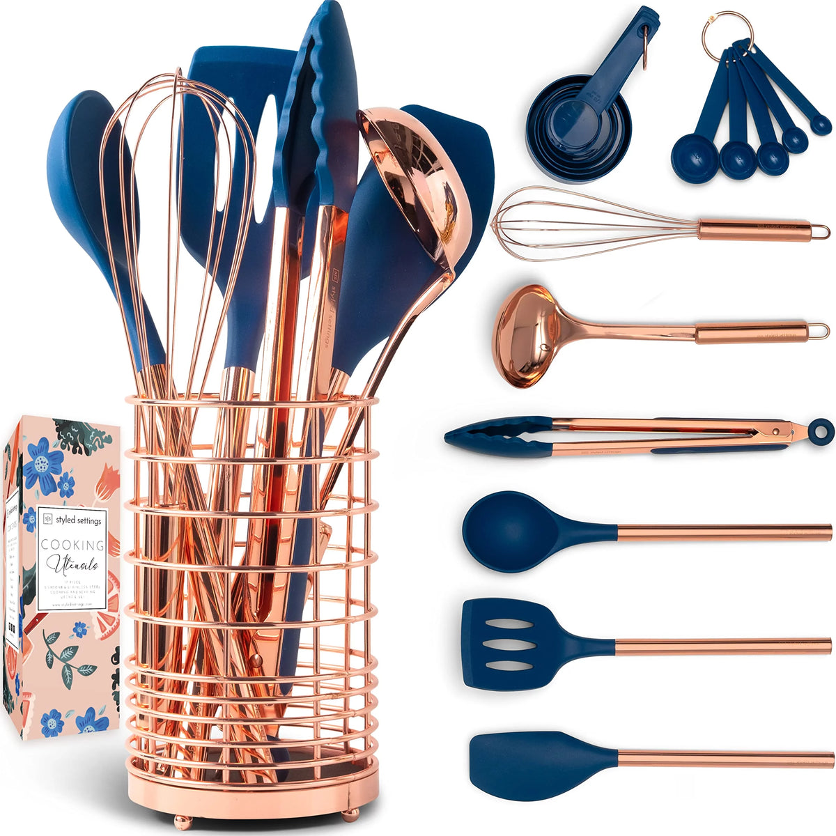 17 Pc Copper and Blue Silicone Kitchen Utensils Set I9528