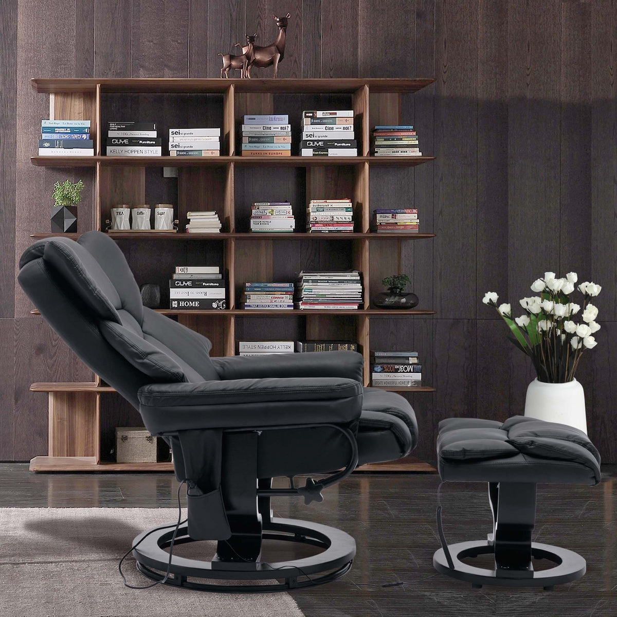 Black PU Massage Recliner Office Chair with Ottoman R1339