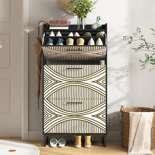 White Slim Shoe Cabinet with 3 Flip Drawers H82595