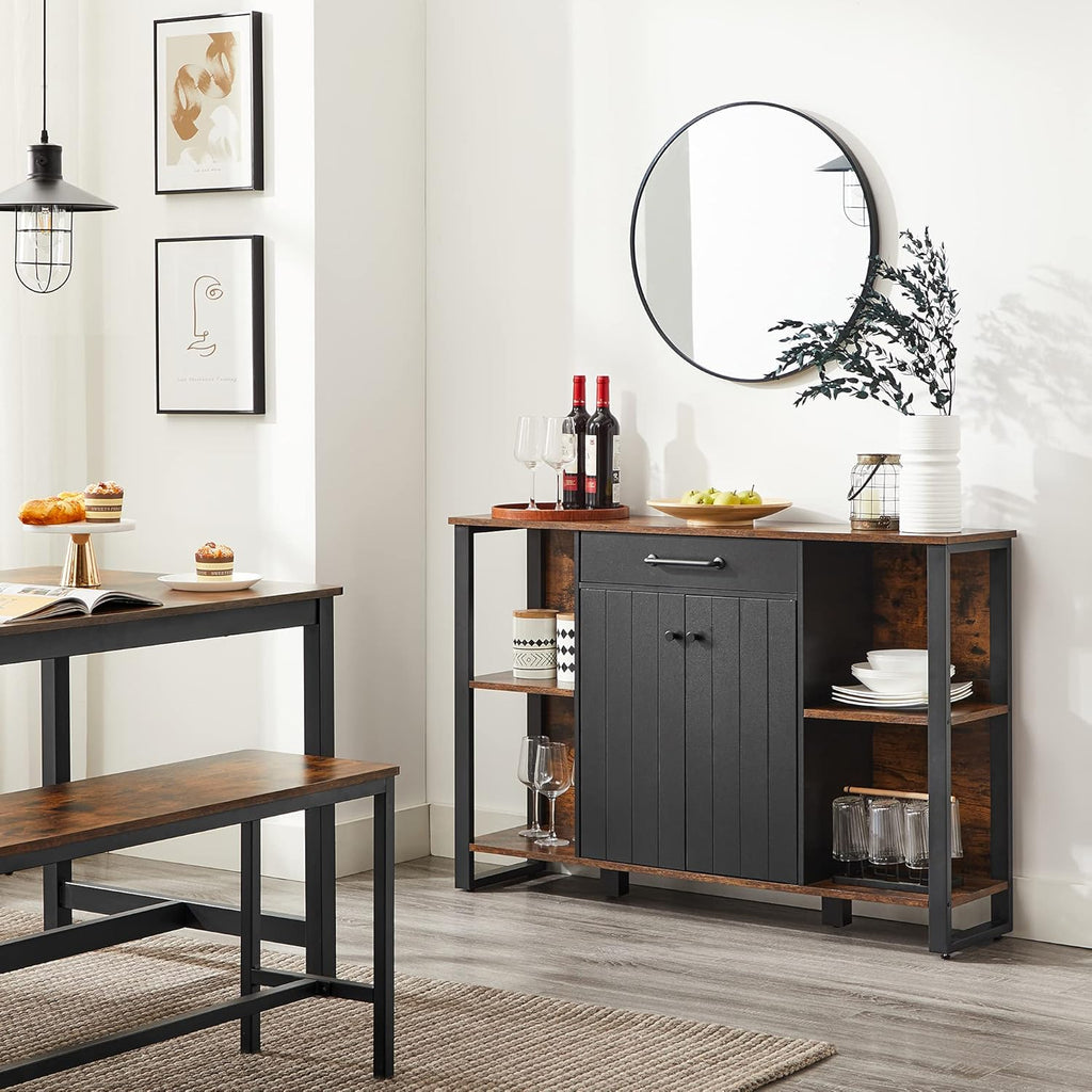 Rustic Brown and Black Steel Frame Buffet Cabinet with Drawer and Shelves A1748
