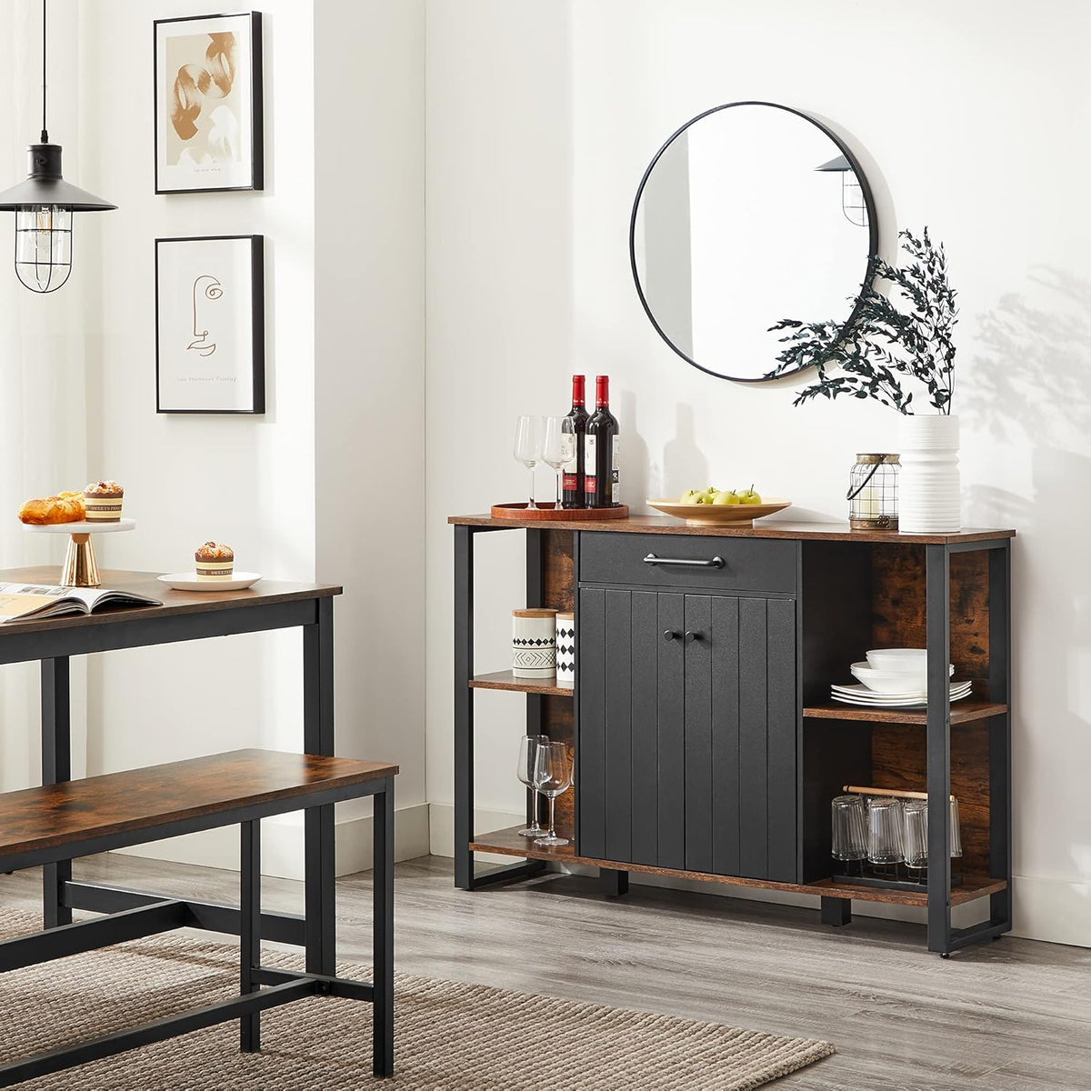Rustic Brown and Black Steel Frame Buffet Cabinet with Drawer and Shelves A1748