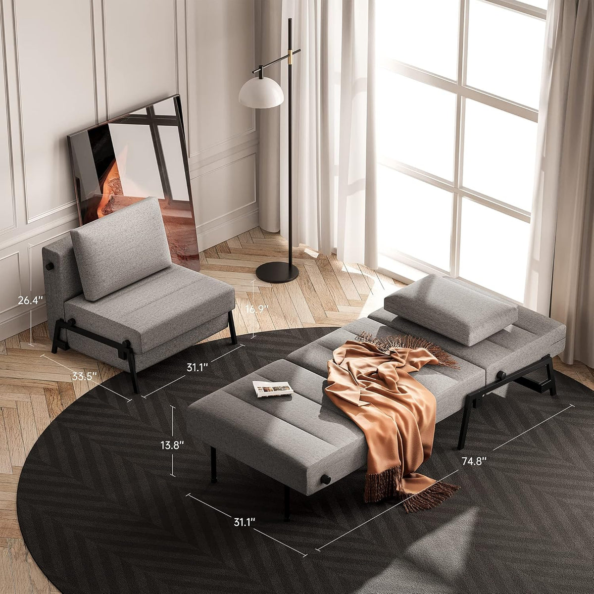 Light Gray Linen Convertible Sofa Bed R672469