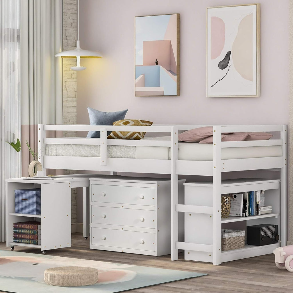 White Solid Wood Twin-Size Low Loft Bed Frame with Ladder and Desk T544