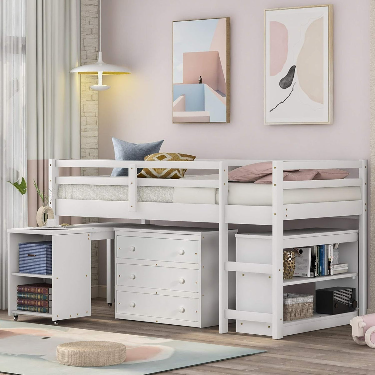 White Solid Wood Twin-Size Low Loft Bed Frame with Ladder and Desk T544
