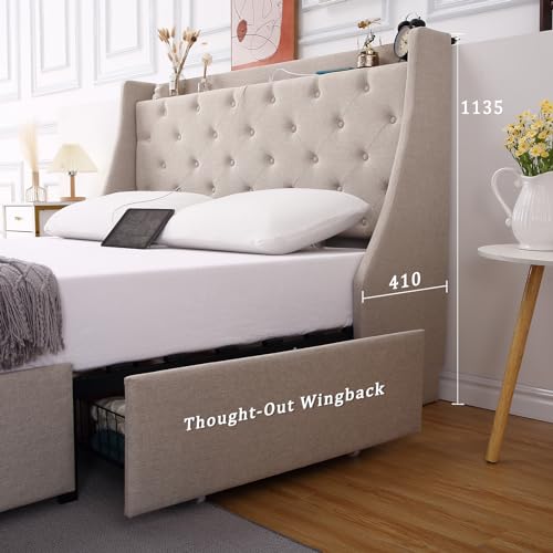 Full Size Upholstered Platform Bed with Button Tufted Storage Headboard and 4 Storage Drawers S64261