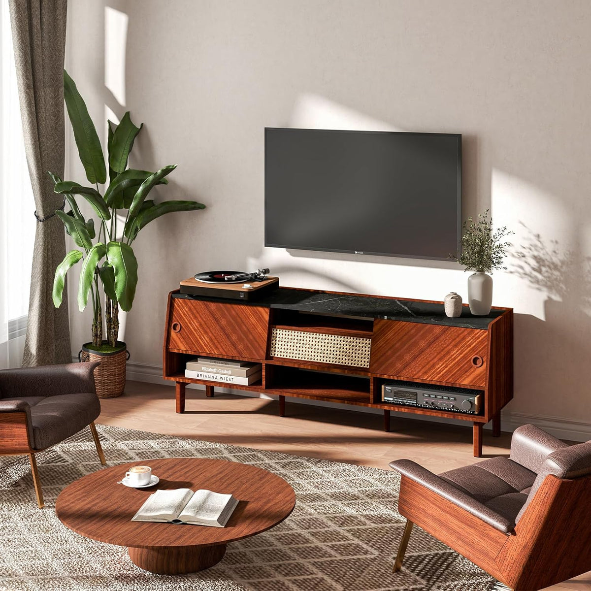 Walnut 67 inch TV Stand with Rattan Drawer O783295