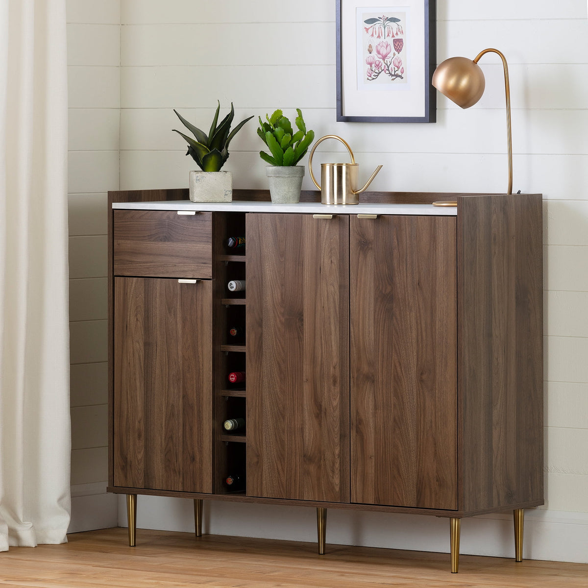 Natural Walnut and Faux Carrara Marble Buffet with Storage Y96993