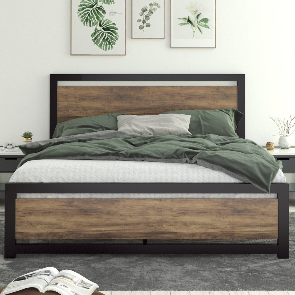 Queen Size Metal Platform Bed Frame with Wooden Headboard Footboard H7338