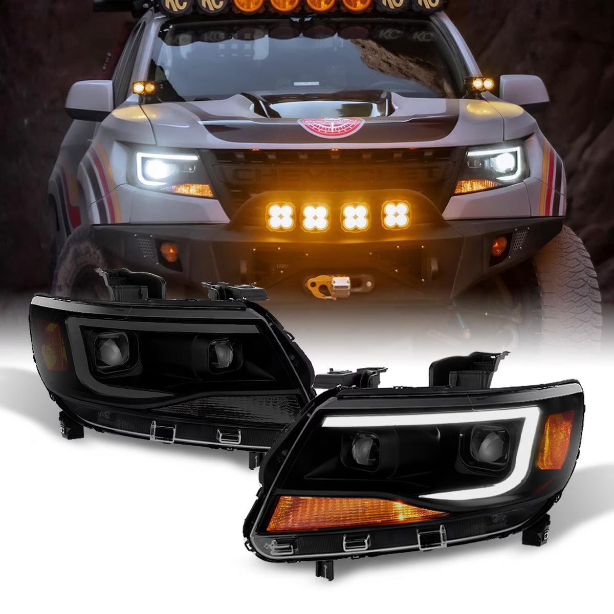 Black Smoke LED DRL Dual Square Projector Headlights Set T89020